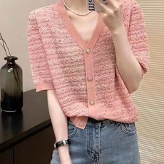 페이퍼먼츠 여성용 배색 라인 보카시 반팔 가디건 22671