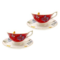 Aynsley 英式花園茶杯+杯碟組, 紅色, 2套