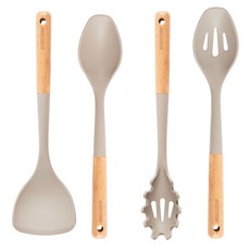 BESTHEIM 矽膠木柄廚具4件組, 灰色, 多功能鍋鏟 + 多功能湯匙 + 料理匙 + 撈麵勺, 1套