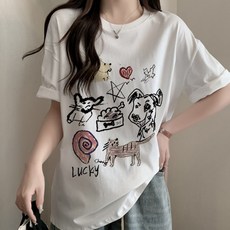 메이첼 여성용 통기성 에니멀 팜 라운딩 반팔 티셔츠 13208