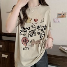 메이첼 여성용 통기성 에니멀 팜 라운딩 반팔 티셔츠 13208