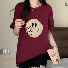 메이첼 여성용 통기성 스마일 프린팅 오버사이즈 라운드 반팔 티셔츠 13197