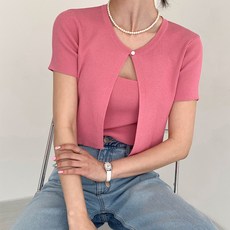 針織女款人造絲羅紋單釦Luke短袖開襟衫