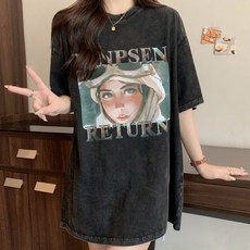 메이첼 여성용 통기성 캐주얼 빈티지 워싱 프린팅 반팔 티셔츠 13193