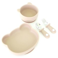 BUDDLE 嬰幼兒用小熊矽膠吸附湯碗 + 吸附飯碗 + 湯匙 + 叉子組, 湯碗 + 飯碗 + 湯匙 + 叉子, 1套, 奶油米色