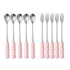 泡泡茶匙5入 + 點心叉5入套組 粉紅色, 茶匙5入 + 點心叉5入, 1套