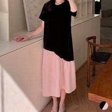 페이퍼먼츠 핑크 글로시 쉬폰 스커트 포인트 롱 티셔츠 원피스 22651 빅사이즈 포함