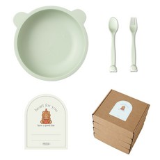 Ahtty home 小熊零食碗 + 湯匙 + 叉子 + 包裝盒 + 貼紙組, 4套, 薄荷