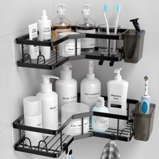 살림여왕 튼튼한 무타공 욕실 코너선반 2종 세트, 블랙, 1세트