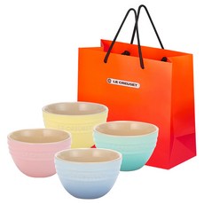 LE CREUSET 雪酪飯碗4件組 + 購物袋, 雪紡粉, 愛麗舍黃, 海岸藍, 薄荷綠, 1套, 單品