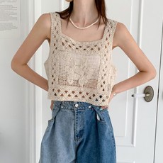 Tteugaejin 女款棉質鏤空刺繡方領鉤織Ritao馬甲背心