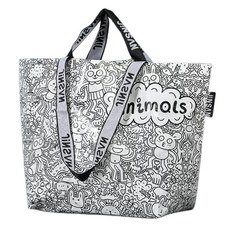 Maket Gamseong 可重複使用防水帆布編織托特包, 動物塗鴉, 2個