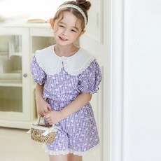 Bebezoo 女童款蕾絲領雛菊格紋上衣+蕾絲下擺短褲套裝