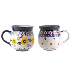 프라카 폴란드풍 도자기 항아리 머그컵 중 350ml 세트, 레드블로썸 + 메리골드, 1세트