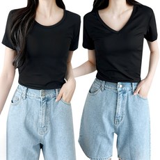 페이퍼먼츠 여성용 슬림핏 반팔 티셔츠 라운드넥 + 브이넥 세트 22209 B