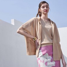 크레송 여성용 통기성 린넨 블렌디드 후드집업 니트 가디건 + 슬리브리스 탑 세트