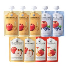 FRAIS BELLON 孩童水果泥 9入, 蘋果香蕉口味+蘋果水梨口味+蘋果李子口味+蘋果藍莓口味, 900g, 1組