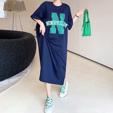 메이첼 라운드넥 레터링 프린트 슬릿 원피스 13305 빅사이즈 포함