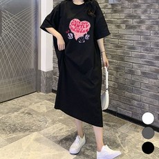 메이첼 하트 곰돌이 프린팅 오버핏 반팔 롱원피스 13306 빅사이즈 포함