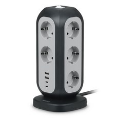 PANWEST 塔型彩色延長線 附電線 15孔 Multi-Tower1122, 1個, 黑色 + 灰色, 2m