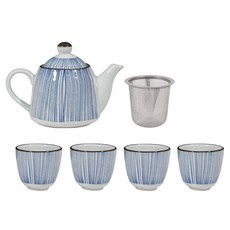 Williv 櫛紋茶道4人茶具組, 藍色, 茶壺壺身 + 壺蓋 + 茶杯4入 + 濾網, 1套