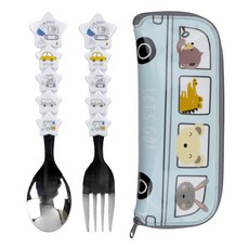 kitchen U 噗噗車立體握柄湯匙叉子組, 混合顏色, 1套, 湯匙 + 叉子 + 餐具盒