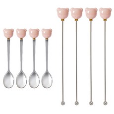 Lime Olive 小熊珍珠茶匙 4入 + 攪拌棒 4入組, 1套, 粉紅色