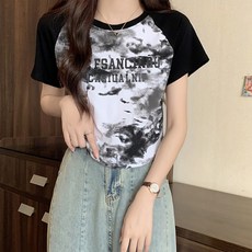 비비에모 여성용 마린배색 레터링 라운드넥 반팔 티셔츠 06982