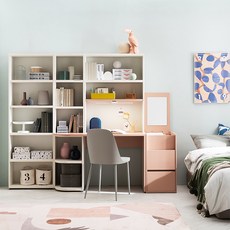 리바트 프레일 1200 전면책상 우형 방문설치, 핑크(상판) + 화이트(책장)