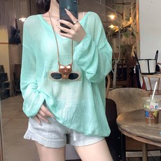 메이첼 여성용 루즈핏 브이넥 세로 패턴 시스루 스웨터 13339