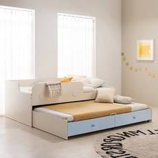 리바트 꼼므주니어 자녀가구 2단 슬라이딩 수납침대 + 가드 + 매트리스 세트 방문설치, 화이트 + 블루