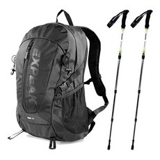Expeak 高級款Diaz揹包 27L + 揹包套 + Callisto 4節登山杖 2入組, 黑色(背包, 背包套), 冰綠色(登山杖)