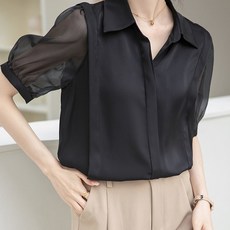 페이퍼먼츠 소매 시스루 반팔 새틴 블라우스 22785