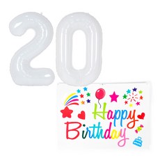 PARTYSHOW 數字銀箔氣球 2 + 0 大型 + 貼紙套組, 白色(氣球), 彩虹(貼紙), 1套
