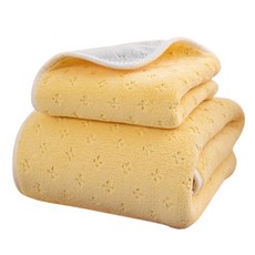 Sonio 花朵鏤空柔軟浴巾 35 x 75 cm + 大浴巾 70 x 140 cm 套組, 1套, 02 黃色