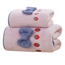 Sonio 草莓蝴蝶結柔軟浴巾 35 x 75 cm + 大毛巾 70 x 140 cm 套組, 1套, 01 粉紅色