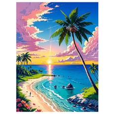 알로데 핑크꽃으로 물든 해변 벽 장식 스퀘어 DIY 보석십자수 20 x 30 cm, NO 08, 1개