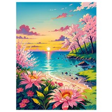 알로데 핑크꽃으로 물든 해변 벽 장식 라운드 DIY 보석십자수 70 x 90 cm, NO 04, 1개