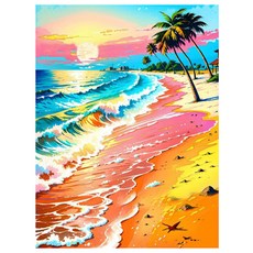 알로데 핑크꽃으로 물든 해변 벽 장식 스퀘어 DIY 보석십자수 70 x 90 cm, NO 16, 1개