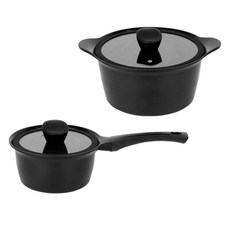 電磁爐適用鋁製不沾塗層附蓋鍋具2件組, 單柄鍋 18cm+雙耳鍋 24cm, 1組, 黑色