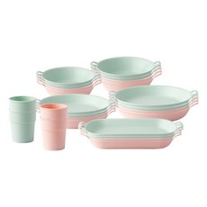 廚房大師 擺盤派對餐盤碗杯橢圓托盤全套組 24入, 1套, 24種, 綠色, 粉紅色
