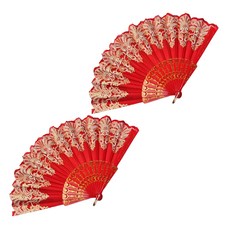 Moreable 燙金蕾絲華麗扇子, 2個, 紅色