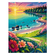 알로데 핑크꽃으로 물든 해변 벽 장식 스퀘어 DIY 보석십자수 70 x 90 cm, NO 12, 1개