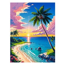 알로데 핑크꽃으로 물든 해변 벽 장식 스퀘어 DIY 보석십자수 70 x 90 cm, NO 08, 1개