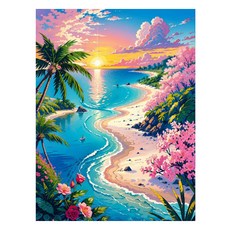 알로데 핑크꽃으로 물든 해변 벽 장식 라운드 DIY 보석십자수 30 x 40 cm, NO 14, 1개