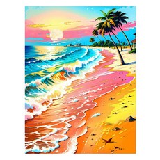 알로데 핑크꽃으로 물든 해변 벽 장식 라운드 DIY 보석십자수 70 x 90 cm, NO 16, 1개