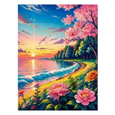 알로데 핑크꽃으로 물든 해변 벽 장식 스퀘어 DIY 보석십자수 70 x 90 cm, NO 01, 1개