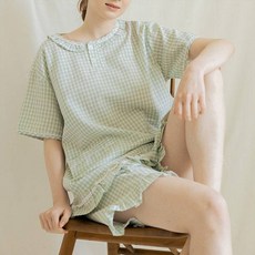 테라우드 여성용 면 뜨개레이스 반팔 잠옷 상하세트