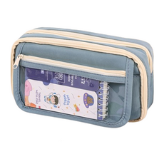 Petit Fancy 簡約大容量透明帆布縫製布質鉛筆盒, 1個, 淺藍色