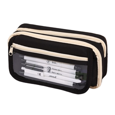 Petit 簡約大容量透明帆布縫製筆袋, 1個, 黑色